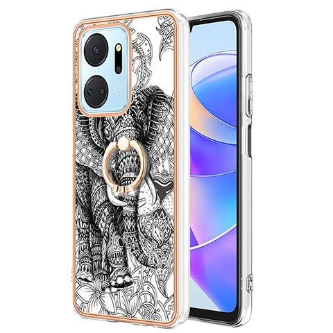 Funda Silicona Gel Goma Patron de Moda Carcasa con Anillo de dedo Soporte YB2 para Huawei Honor X7a Gris