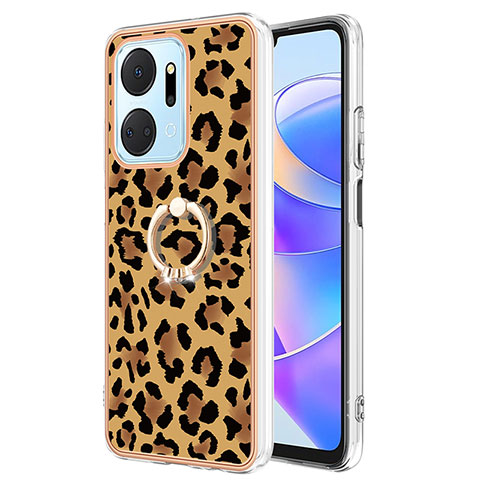 Funda Silicona Gel Goma Patron de Moda Carcasa con Anillo de dedo Soporte YB2 para Huawei Honor X7a Marron