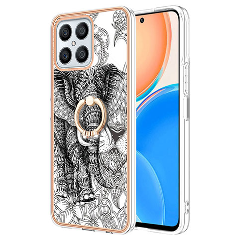 Funda Silicona Gel Goma Patron de Moda Carcasa con Anillo de dedo Soporte YB2 para Huawei Honor X8 4G Gris