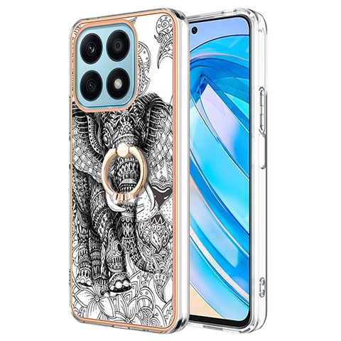 Funda Silicona Gel Goma Patron de Moda Carcasa con Anillo de dedo Soporte YB2 para Huawei Honor X8a 4G Gris