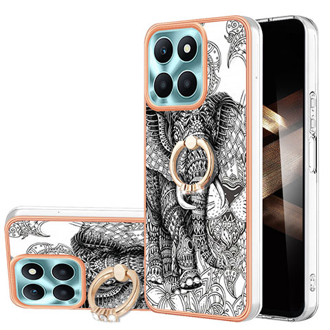 Funda Silicona Gel Goma Patron de Moda Carcasa con Anillo de dedo Soporte YB2 para Huawei Honor X8b Gris