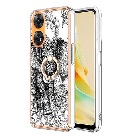 Funda Silicona Gel Goma Patron de Moda Carcasa con Anillo de dedo Soporte YB2 para Oppo Reno8 T 4G Gris