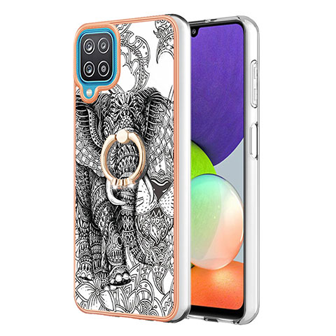 Funda Silicona Gel Goma Patron de Moda Carcasa con Anillo de dedo Soporte YB2 para Samsung Galaxy A12 5G Gris