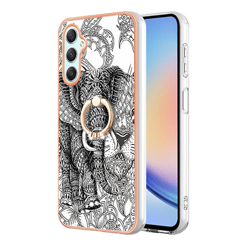 Funda Silicona Gel Goma Patron de Moda Carcasa con Anillo de dedo Soporte YB2 para Samsung Galaxy A24 4G Gris