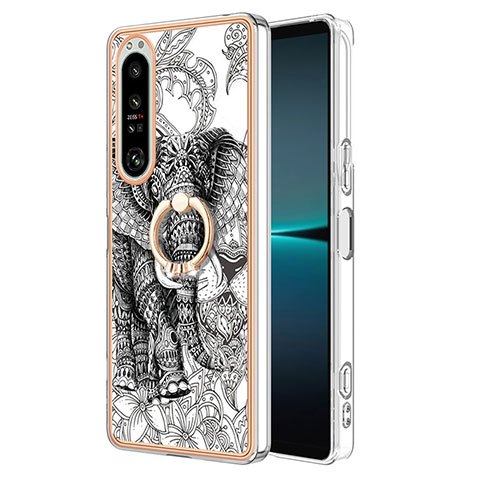 Funda Silicona Gel Goma Patron de Moda Carcasa con Anillo de dedo Soporte YB2 para Sony Xperia 1 IV Gris