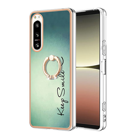 Funda Silicona Gel Goma Patron de Moda Carcasa con Anillo de dedo Soporte YB2 para Sony Xperia 5 IV Verde