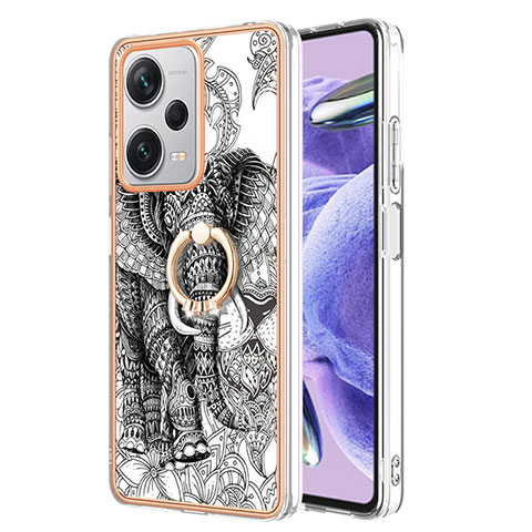 Funda Silicona Gel Goma Patron de Moda Carcasa con Anillo de dedo Soporte YB2 para Xiaomi Redmi Note 12 Explorer Gris