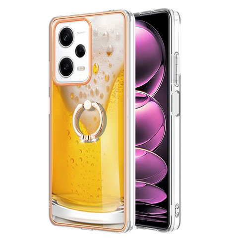 Funda Silicona Gel Goma Patron de Moda Carcasa con Anillo de dedo Soporte YB2 para Xiaomi Redmi Note 12 Pro 5G Amarillo