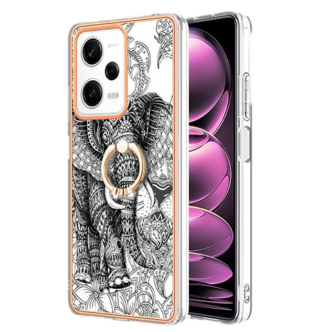 Funda Silicona Gel Goma Patron de Moda Carcasa con Anillo de dedo Soporte YB2 para Xiaomi Redmi Note 12 Pro 5G Gris