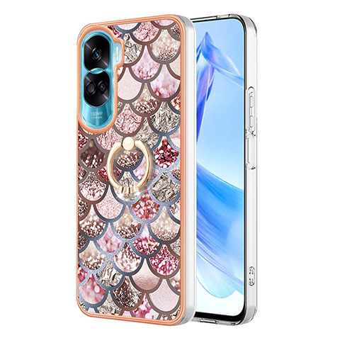 Funda Silicona Gel Goma Patron de Moda Carcasa con Anillo de dedo Soporte YB3 para Huawei Honor 90 Lite 5G Marron