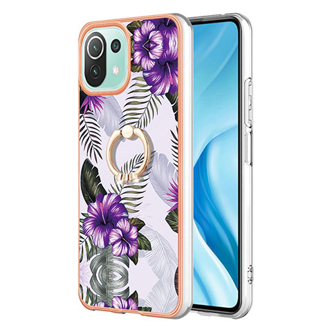 Funda Silicona Gel Goma Patron de Moda Carcasa con Anillo de dedo Soporte YB3 para Xiaomi Mi 11 Lite 5G NE Morado