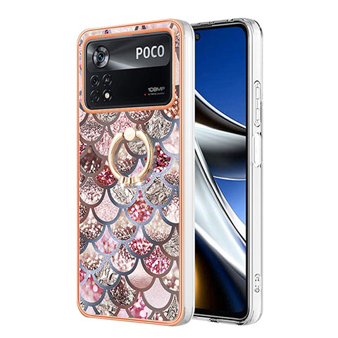 Funda Silicona Gel Goma Patron de Moda Carcasa con Anillo de dedo Soporte YB3 para Xiaomi Poco X4 Pro 5G Marron