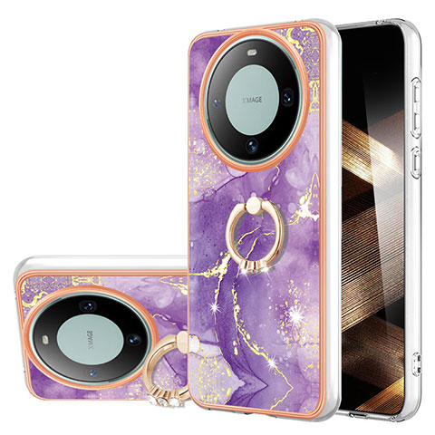 Funda Silicona Gel Goma Patron de Moda Carcasa con Anillo de dedo Soporte YB5 para Huawei Mate 60 Pro Morado