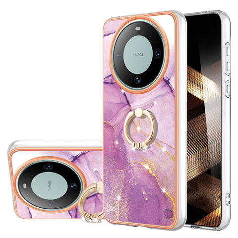 Funda Silicona Gel Goma Patron de Moda Carcasa con Anillo de dedo Soporte YB5 para Huawei Mate 60 Pro+ Plus Purpura Claro