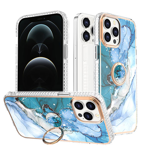 Funda Silicona Gel Goma Patron de Moda Carcasa con Anillo de dedo Soporte YJ1 para Apple iPhone 13 Pro Azul