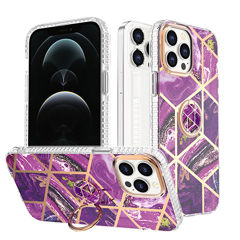 Funda Silicona Gel Goma Patron de Moda Carcasa con Anillo de dedo Soporte YJ1 para Apple iPhone 13 Pro Morado