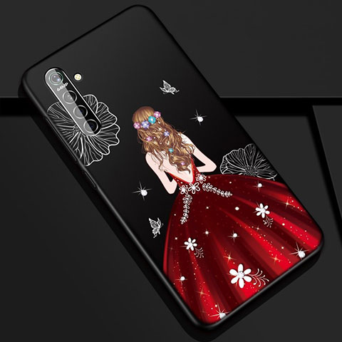 Funda Silicona Gel Goma Vestido de Novia Carcasa S01 para Realme XT Rojo y Negro