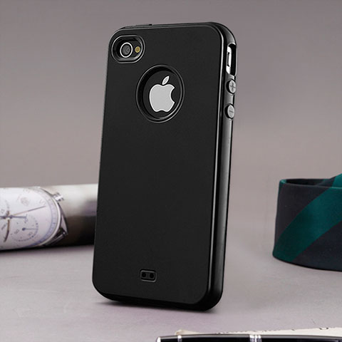 Funda Silicona Goma con Agujero para Apple iPhone 4 Negro