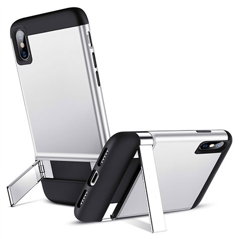 Funda Silicona Goma con Soporte para Apple iPhone X Plata