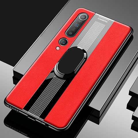 Funda Silicona Goma de Cuero Carcasa con Magnetico Anillo de dedo Soporte A01 para Xiaomi Mi 10 Rojo