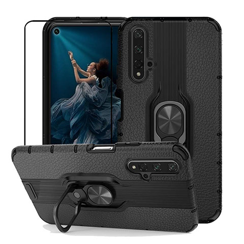 Funda Silicona Goma de Cuero Carcasa con Magnetico Anillo de dedo Soporte K01 para Huawei Honor 20S Negro