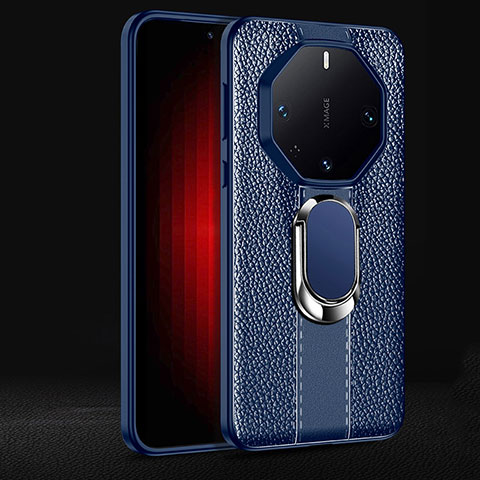 Funda Silicona Goma de Cuero Carcasa con Magnetico Anillo de dedo Soporte para Huawei Mate 60 RS Ultimate Azul