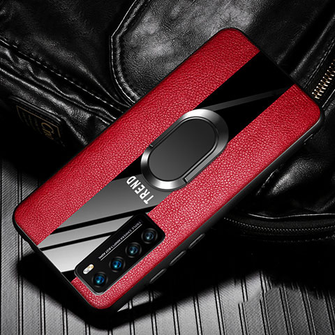 Funda Silicona Goma de Cuero Carcasa con Magnetico Anillo de dedo Soporte para Huawei Nova 7 5G Rojo