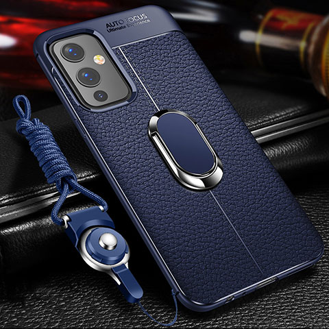 Funda Silicona Goma de Cuero Carcasa con Magnetico Anillo de dedo Soporte para OnePlus 9 5G Azul