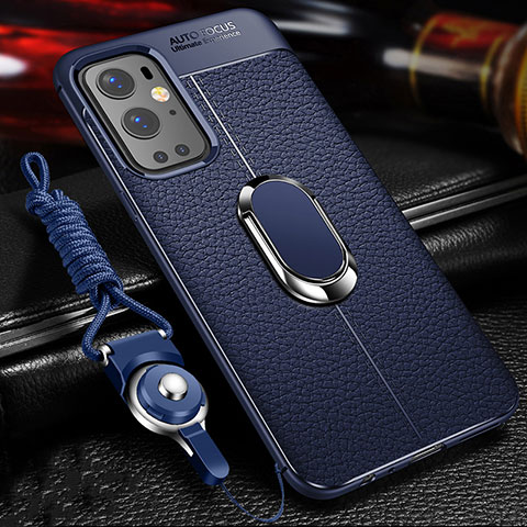 Funda Silicona Goma de Cuero Carcasa con Magnetico Anillo de dedo Soporte para OnePlus 9 Pro 5G Azul