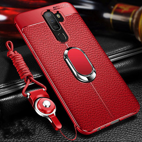 Funda Silicona Goma de Cuero Carcasa con Magnetico Anillo de dedo Soporte para Oppo A5 (2020) Rojo