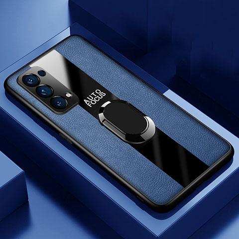 Funda Silicona Goma de Cuero Carcasa con Magnetico Anillo de dedo Soporte para Oppo Reno5 Pro 5G Azul