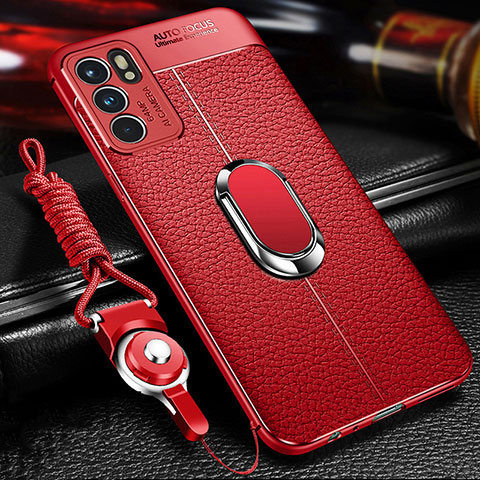 Funda Silicona Goma de Cuero Carcasa con Magnetico Anillo de dedo Soporte para Oppo Reno6 5G Rojo