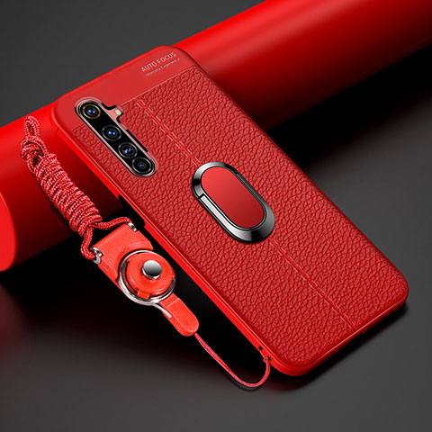 Funda Silicona Goma de Cuero Carcasa con Magnetico Anillo de dedo Soporte para Realme 6 Pro Rojo