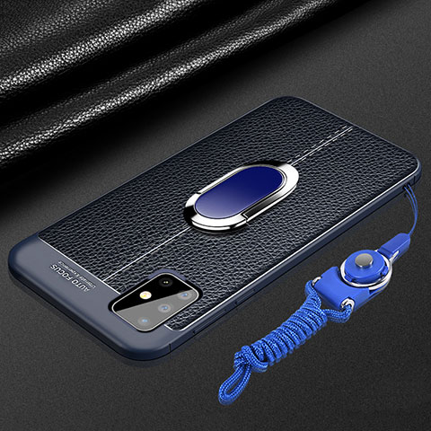 Funda Silicona Goma de Cuero Carcasa con Magnetico Anillo de dedo Soporte para Samsung Galaxy A71 4G A715 Azul