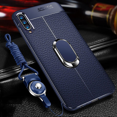 Funda Silicona Goma de Cuero Carcasa con Magnetico Anillo de dedo Soporte para Samsung Galaxy A90 5G Azul