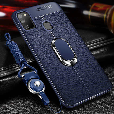 Funda Silicona Goma de Cuero Carcasa con Magnetico Anillo de dedo Soporte para Samsung Galaxy M21 Azul