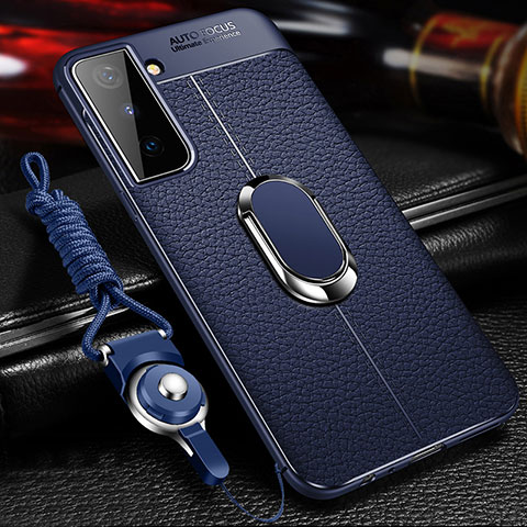 Funda Silicona Goma de Cuero Carcasa con Magnetico Anillo de dedo Soporte para Samsung Galaxy S24 Plus 5G Azul