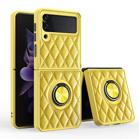 Funda Silicona Goma de Cuero Carcasa con Magnetico Anillo de dedo Soporte para Samsung Galaxy Z Flip3 5G Amarillo