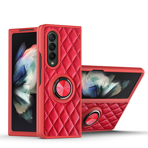 Funda Silicona Goma de Cuero Carcasa con Magnetico Anillo de dedo Soporte para Samsung Galaxy Z Fold3 5G Rojo