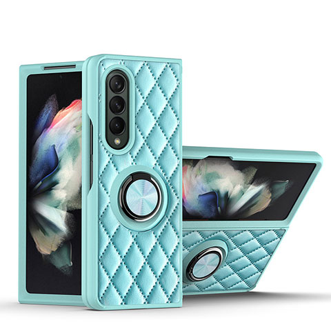 Funda Silicona Goma de Cuero Carcasa con Magnetico Anillo de dedo Soporte para Samsung Galaxy Z Fold4 5G Azul Claro