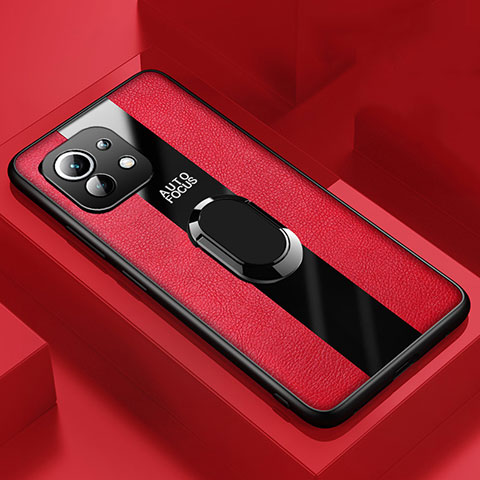 Funda Silicona Goma de Cuero Carcasa con Magnetico Anillo de dedo Soporte para Xiaomi Mi 11 Lite 4G Rojo