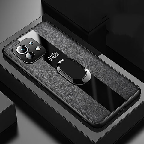 Funda Silicona Goma de Cuero Carcasa con Magnetico Anillo de dedo Soporte para Xiaomi Mi 11 Lite 5G NE Negro