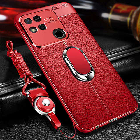 Funda Silicona Goma de Cuero Carcasa con Magnetico Anillo de dedo Soporte para Xiaomi Redmi 10A 4G Rojo