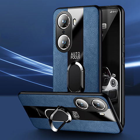 Funda Silicona Goma de Cuero Carcasa con Magnetico Anillo de dedo Soporte PB1 para Huawei Honor 60 Pro 5G Azul