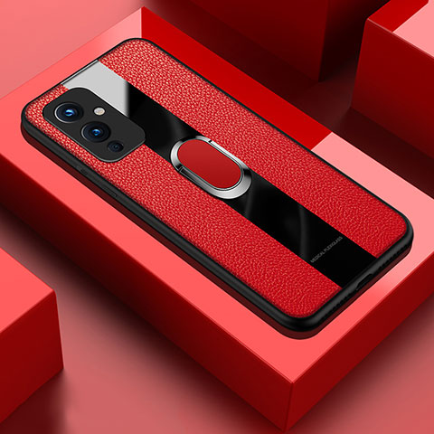 Funda Silicona Goma de Cuero Carcasa con Magnetico Anillo de dedo Soporte PB1 para OnePlus 9 5G Rojo