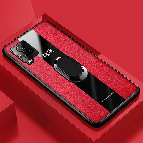 Funda Silicona Goma de Cuero Carcasa con Magnetico Anillo de dedo Soporte PB1 para Vivo V21s 5G Rojo