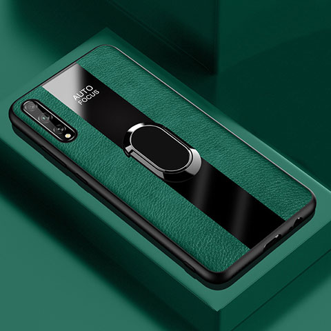 Funda Silicona Goma de Cuero Carcasa con Magnetico Anillo de dedo Soporte S01 para Huawei P smart S Verde