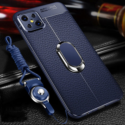 Funda Silicona Goma de Cuero Carcasa con Magnetico Anillo de dedo Soporte S01 para Oppo A92s 5G Azul