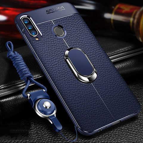 Funda Silicona Goma de Cuero Carcasa con Magnetico Anillo de dedo Soporte S01 para Samsung Galaxy A20s Azul