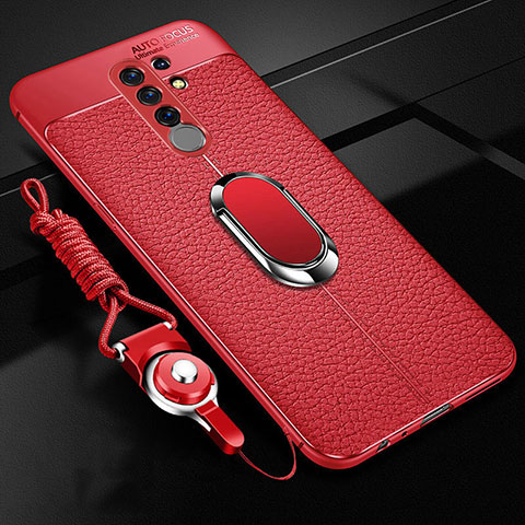 Funda Silicona Goma de Cuero Carcasa con Magnetico Anillo de dedo Soporte S01 para Xiaomi Redmi 9 Prime India Rojo